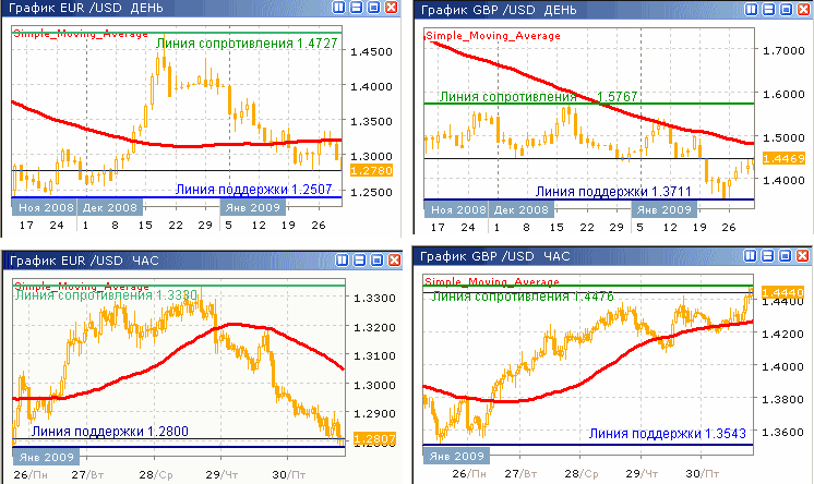 Дневные и часовые курсы EUR/USD и GBP/USD до 30.01.09